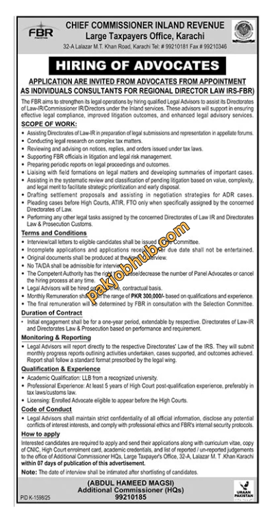 Federal Board of Revenue (FBR) Advocate Jobs 2025 – Apply Online Now